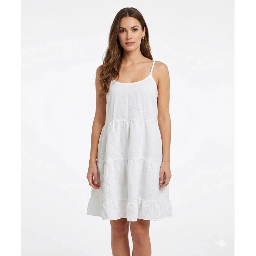 Valentina Naldi Dress Tiered Sz L White Italy Linen Babydoll Coquette Resort